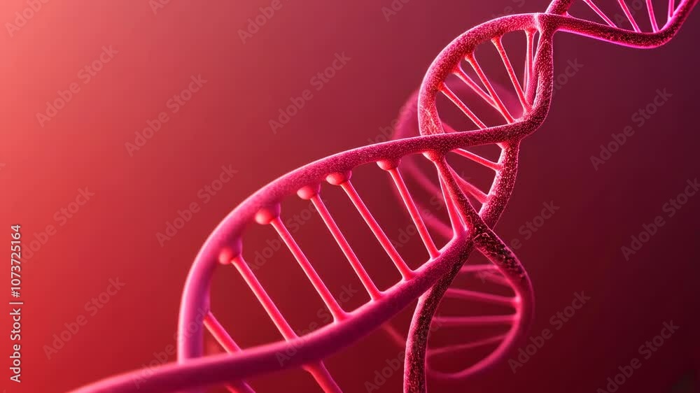 A pink DNA strand is shown against a red background