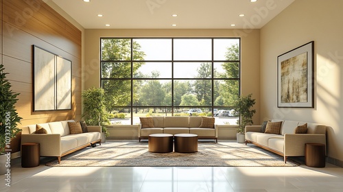 Modern lobby interior with large windows, light wood paneling, and comfortable seating.