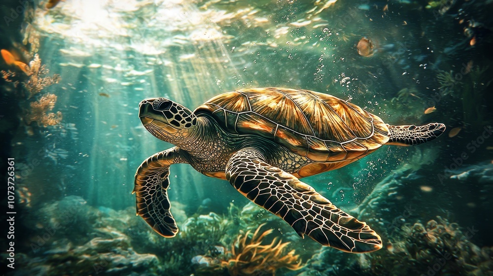 Fototapeta premium Graceful Sea Turtle Swimming in Vibrant Underwater Seascape with Coral Reef Ecosystem