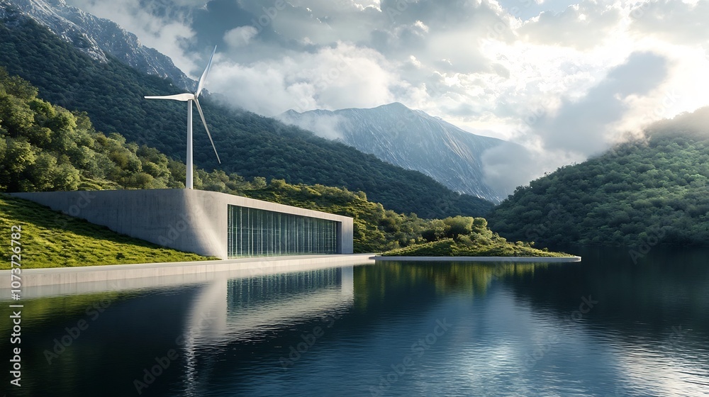 Fototapeta premium Hydrogen Energy Powered Landscape with Wind Turbine and Reflective Lake