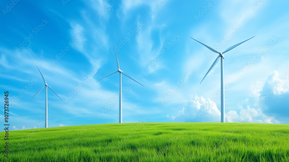 Wind turbines generate renewable energy under a bright blue sky on a sunny day in a green field Wind turbines generate renewable energy under a bright blue sky on a sunny day in a green field