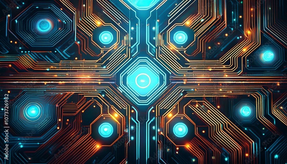 Abstract digital art with glowing lines and circuit board pattern.