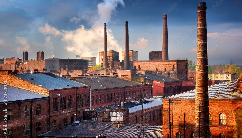 Fototapeta premium A view of an industrial complex with tall brick chimneys and smoke rising into the blue sky.