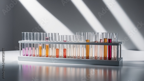 A row of test tubes filled with colorful liquids in a laboratory setting, symbolizing scientific research and experimentation.