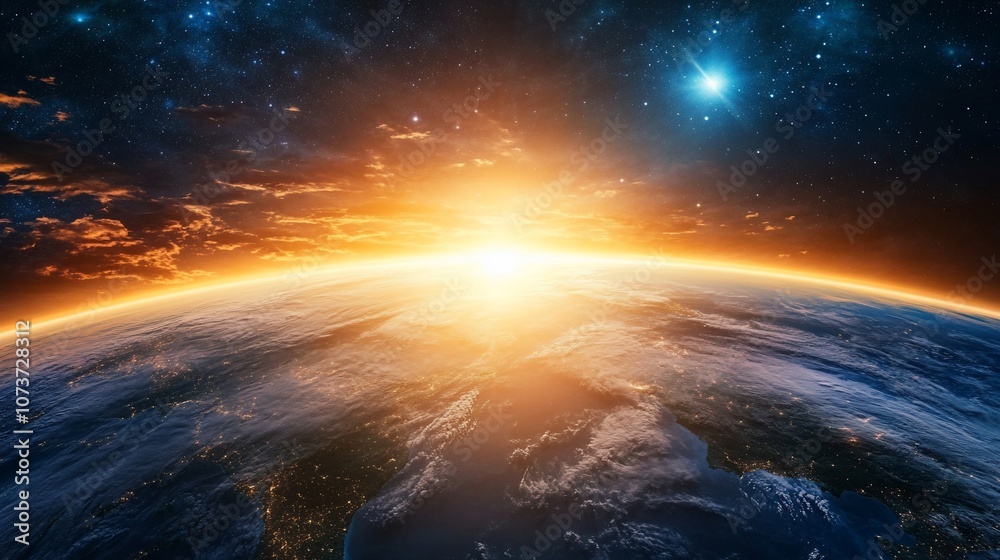 Sunrise over Earth with a bright star in the night sky. Sunrise over Earth with a bright star in the night sky.