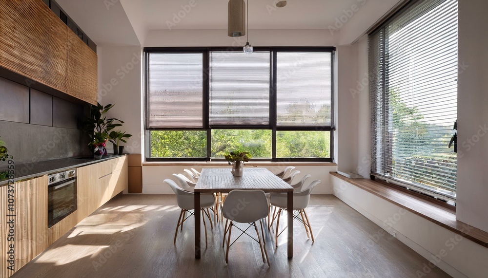 Fototapeta premium Modern kitchen interior with large windows and dining area. 3D Rendering