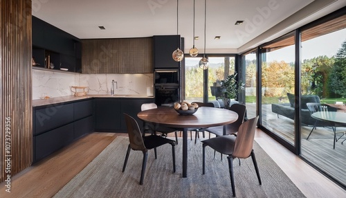 Modern kitchen with dark wood cabinets, round dining table, and large windows. 3D Rendering
