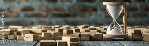 Domino Effect Concept Blocked by Hourglass on Wooden Tiles Background