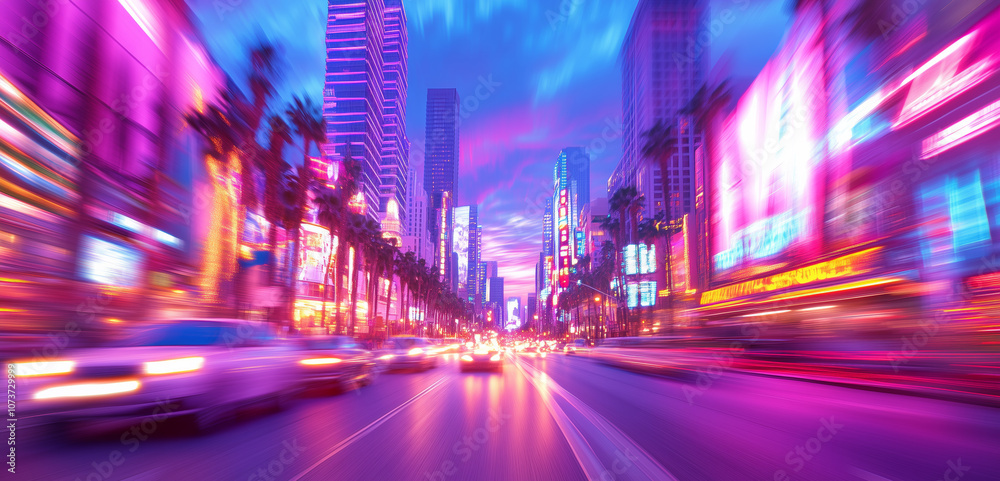 Vibrant city nightlife on a bustling street with bright lights in the evening Vibrant city nightlife on a bustling street with bright lights in the evening