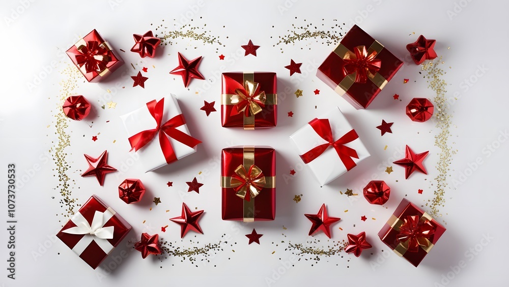 Red-white-gold gift box with decorations such as stars, gold dust or multi-colored. White background for copy space.