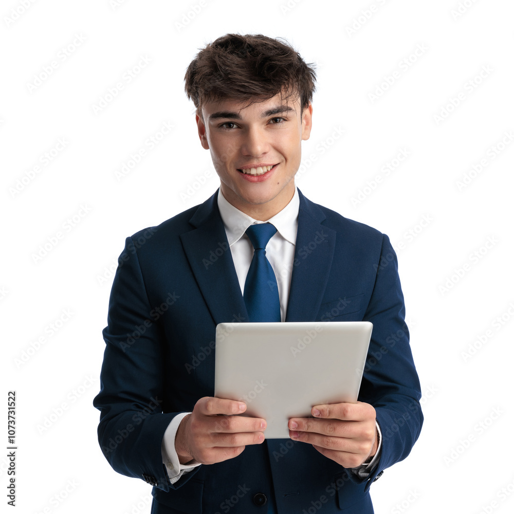 elegant young student holding tablet and smiling elegant young student holding tablet and smiling