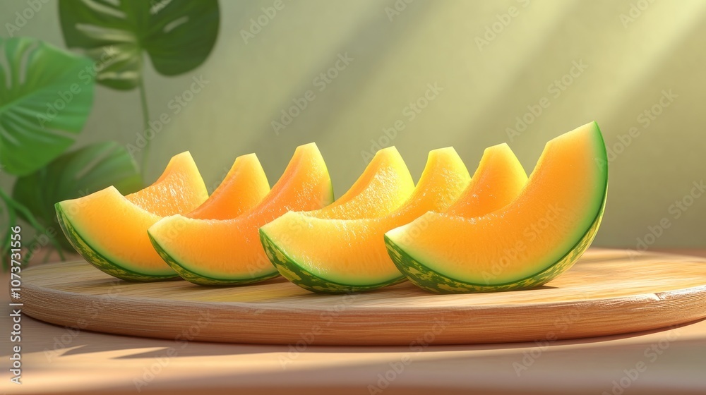 Vibrant cantaloupe melon slices arranged beautifully on a wooden platter perfect for summer fruit platters or health focused recipes Vibrant cantaloupe melon slices arranged beautifully on a wooden platter perfect for summer fruit platters or health focused recipes