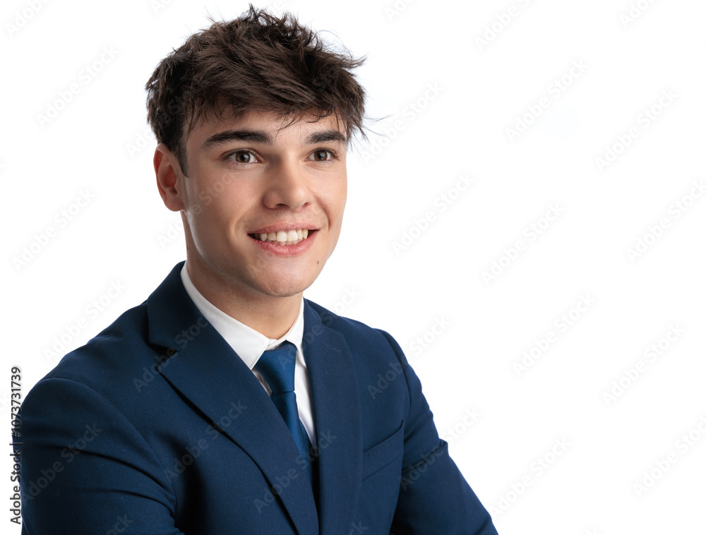 portrait of happy businessman in navy blue suit looking away and smiling portrait of happy businessman in navy blue suit looking away and smiling