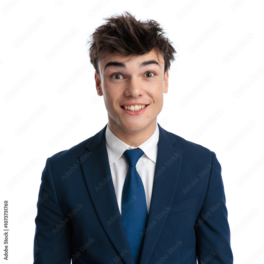 enthusiastic elegant man in navy blue suit being excited and smiling enthusiastic elegant man in navy blue suit being excited and smiling