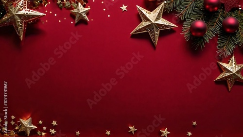 Christmas background with red and gold decorations, stars, and pine branches on a red backdrop. photo