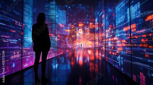 Silhouette of a person standing in a futuristic digital cityscape with glowing data and abstract patterns at night