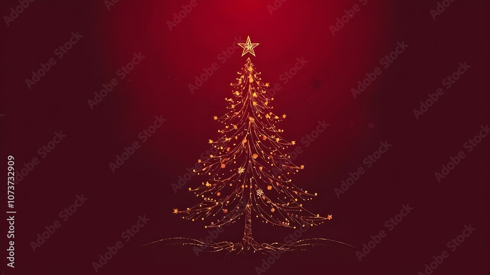 Closeup line drawing of Christmas tree with star and decorations isolated on red background. Fir tree line drawing. Hand drawn Christmas tree. Linear style. Christmas greeting card Closeup line drawing of Christmas tree with star and decorations isolated on red background. Fir tree line drawing. Hand drawn Christmas tree. Linear style. Christmas greeting card