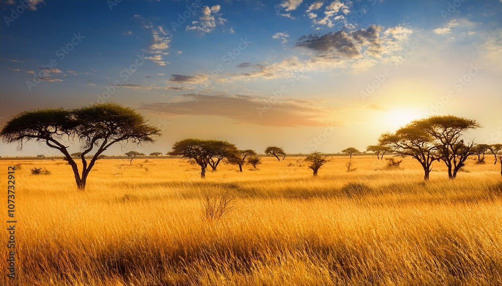Obraz premium Golden sunset over the African savanna, with acacia trees silhouetted against the glowing sky.