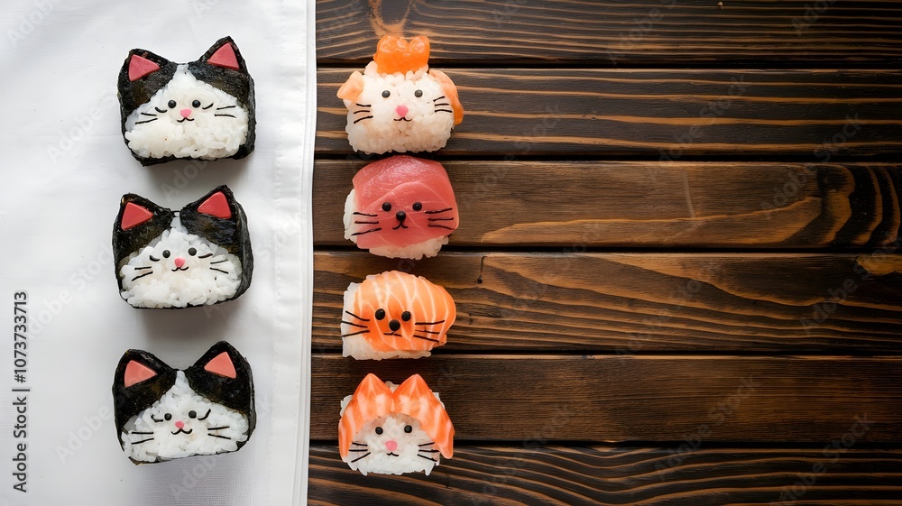 Wooden table with kitten-shaped sushi rolls and space for text Wooden table with kitten-shaped sushi rolls and space for text