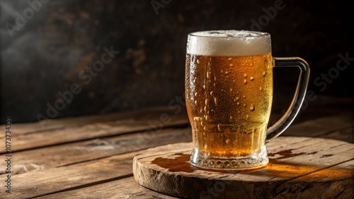 Frosted mug of golden beer with foam on a rustic wooden table under warm lighting. The setting captures the rich tradition of brewing and the refreshing appeal of a cold beer.