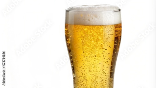 Tall glass of golden beer with foam on top, isolated on a white background. A refreshing and crisp beverage image perfect for representing celebration, relaxation, and casual dining.