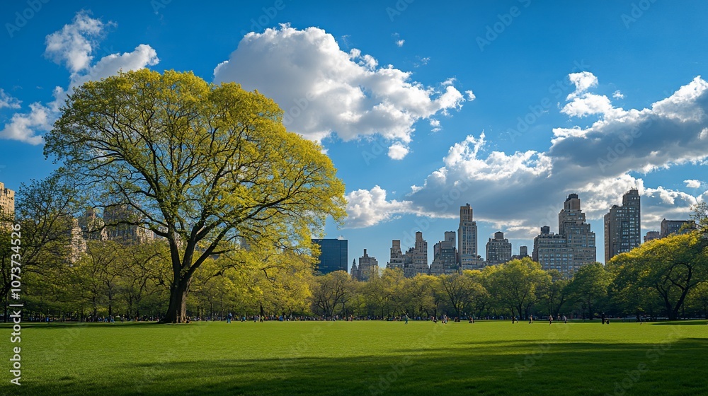 A large green tree stands in the foreground of a grassy park, with a city skyline in the background. The sky is blue with white clouds. A large green tree stands in the foreground of a grassy park, with a city skyline in the background. The sky is blue with white clouds.
