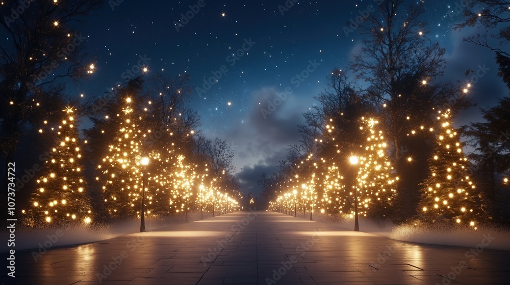Naklejka premium Snowy Pathway with Illuminated Christmas Trees and Starry Sky