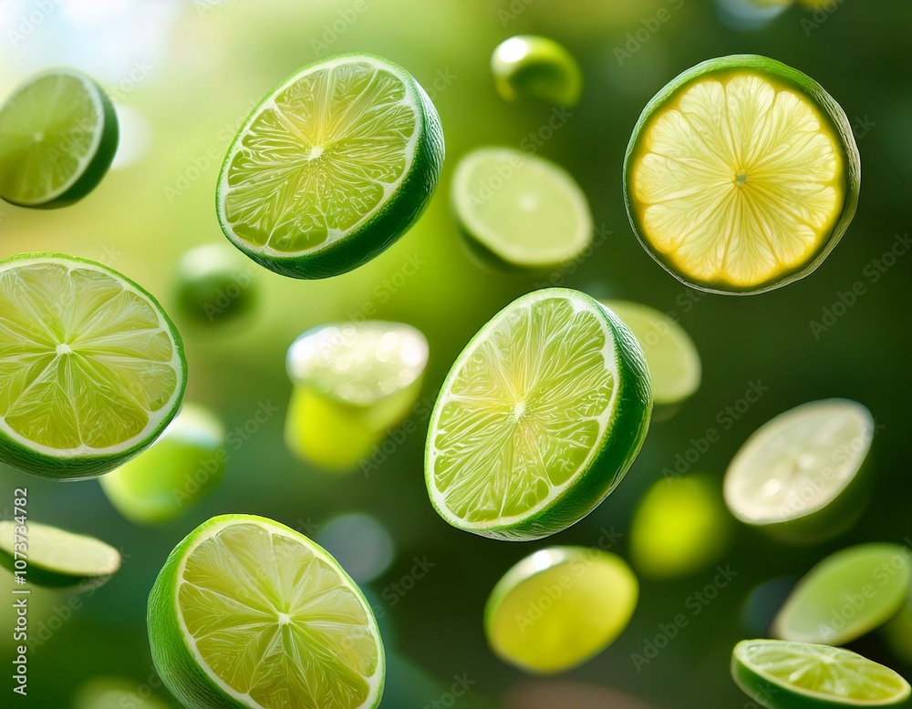 falling limes slices on blurred background falling limes slices on blurred background