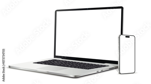 Laptop computer and mobile phone mockup. Digital devices screen template.