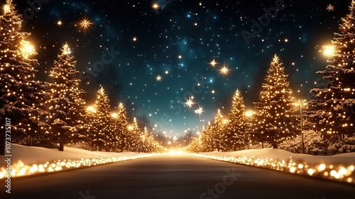 Snowy Pathway with Illuminated Christmas Trees and Starry Sky photo