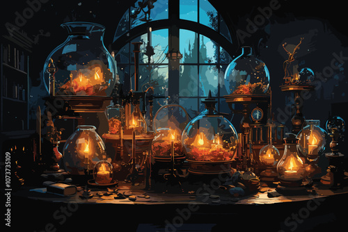 yellowish medieval chemistry lab with large windows