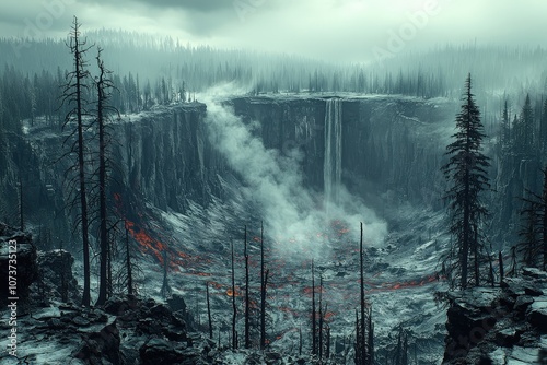 Majestic waterfall cascading into mysterious smoke-filled volcanic crater landscape photo