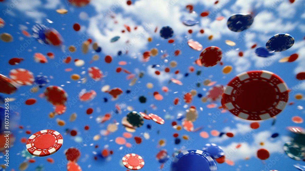 Colorful poker chips against a blue sky. Colorful poker chips against a blue sky.