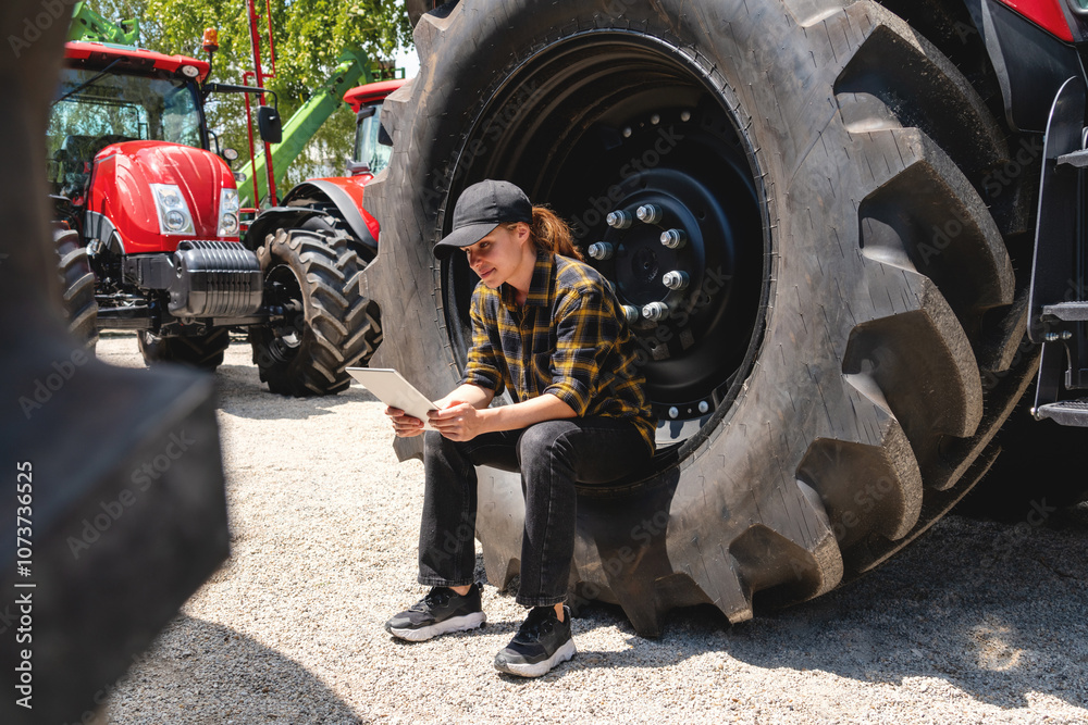 Female farm worker sitting on tractor wheel, using digital tablet at agricultural equipment dealership. Female farm worker sitting on tractor wheel, using digital tablet at agricultural equipment dealership.