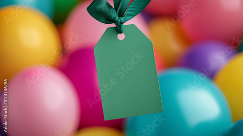 Green Gift Tag with Ribbon Against Colorful Background