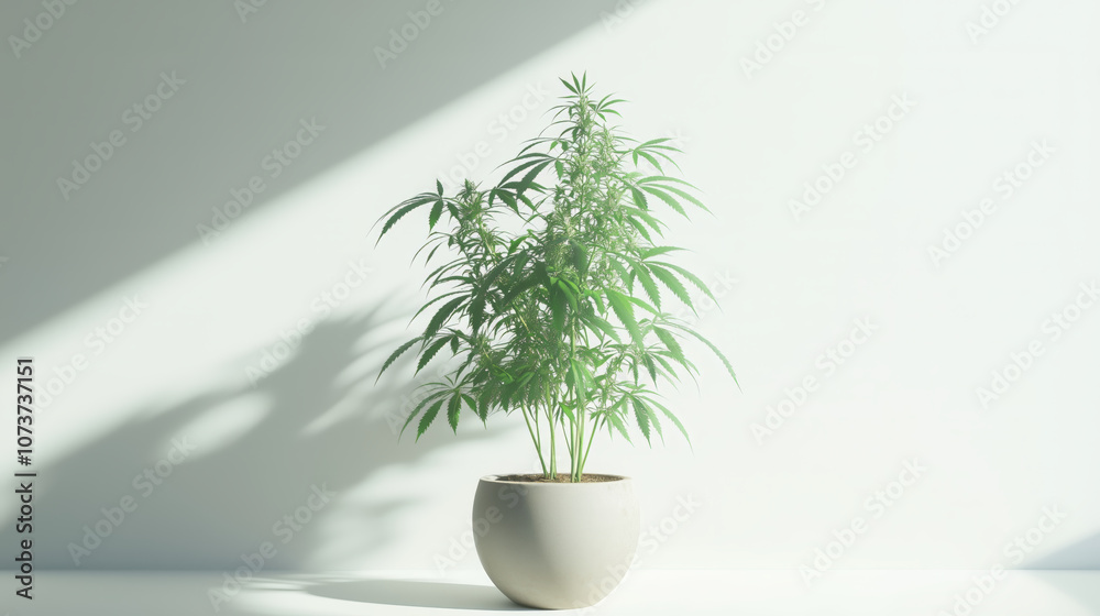 Cannabis plant with flowers growing in a white pot, illuminated by soft sunlight. Cannabis plant with flowers growing in a white pot, illuminated by soft sunlight.