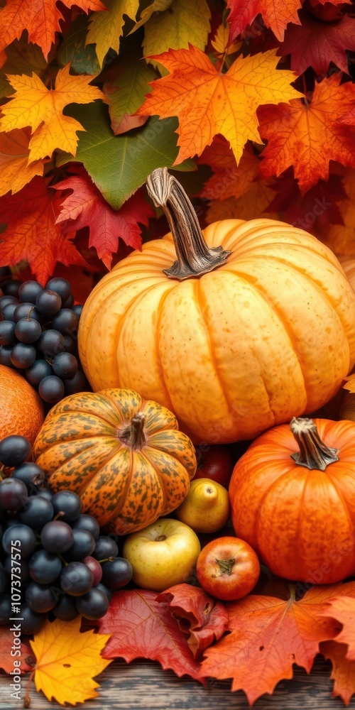 Thanksgiving pumpkins surrounded by an assortment of fruits such as apples, pears, and grapes, with colorful falling leaves in the background, Thanksgiving, seasonal Thanksgiving pumpkins surrounded by an assortment of fruits such as apples, pears, and grapes, with colorful falling leaves in the background, Thanksgiving, seasonal