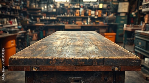 A rustic wooden table in a cluttered workshop filled with tools and equipment.