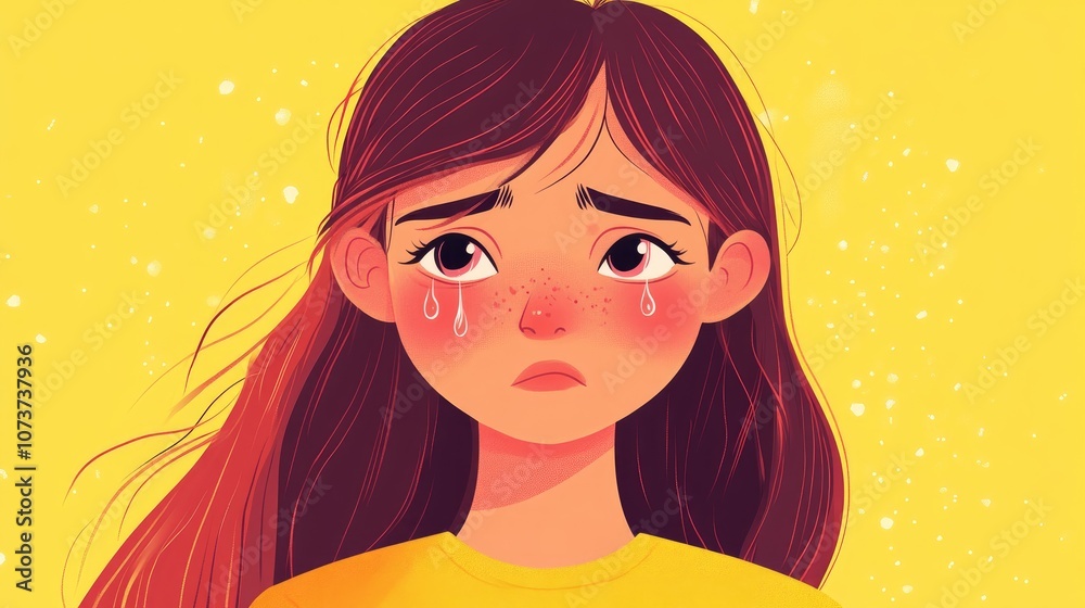 Cartoon girl depicted in a flat color style with tears expressing emotions of sadness Cartoon girl depicted in a flat color style with tears expressing emotions of sadness