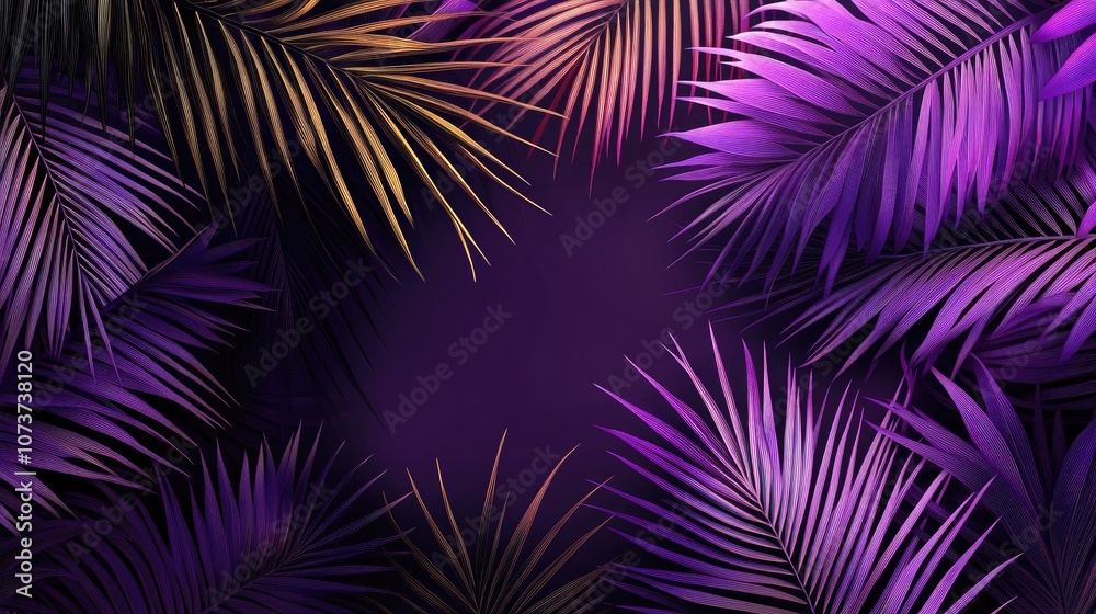 Tropical palm leaves with a vibrant purple hue featuring a botanical theme Ideal for invitation designs vintage prints or neon plant flyers with a floral abstract geometric style Tropical palm leaves with a vibrant purple hue featuring a botanical theme Ideal for invitation designs vintage prints or neon plant flyers with a floral abstract geometric style