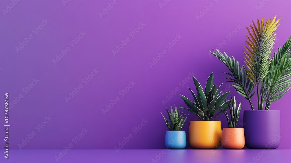Plants in ceramic pots featuring a flat design against a purple backdrop Plants in ceramic pots featuring a flat design against a purple backdrop