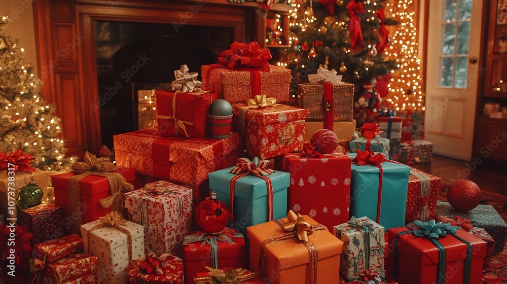 A mountain of presents sits under a Christmas tree in front of a fireplace. A mountain of presents sits under a Christmas tree in front of a fireplace.