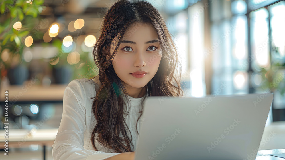 A beautiful Japanese woman operating a laptop computer in the office area of a modern office. A beautiful Japanese woman operating a laptop computer in the office area of a modern office.