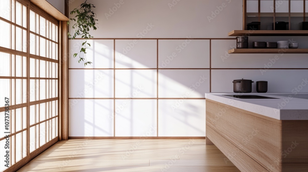 Japanese style kitchen mockup featuring white walls 3D rendering Japanese style kitchen mockup featuring white walls 3D rendering