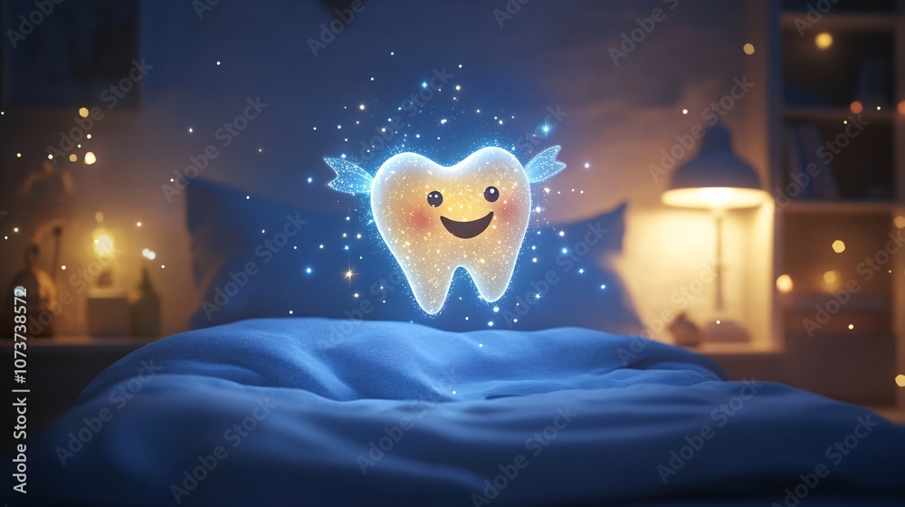 Obraz premium A glowing, animated tooth character smiles playfully above a cozy bed, surrounded by a magical, twinkling atmosphere in a dreamy bedroom setting.