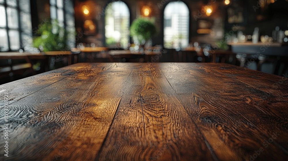 A rustic wooden table in a cozy restaurant setting with warm lighting and greenery. A rustic wooden table in a cozy restaurant setting with warm lighting and greenery.