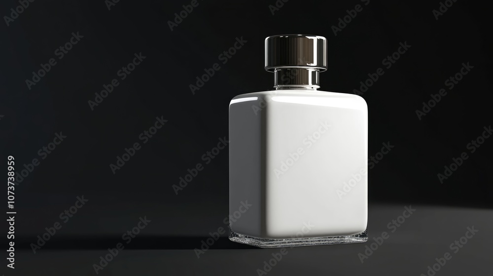 Left tilted white square cosmetic bottle with a metallic cap featuring a black backdrop rendered in 3D Left tilted white square cosmetic bottle with a metallic cap featuring a black backdrop rendered in 3D