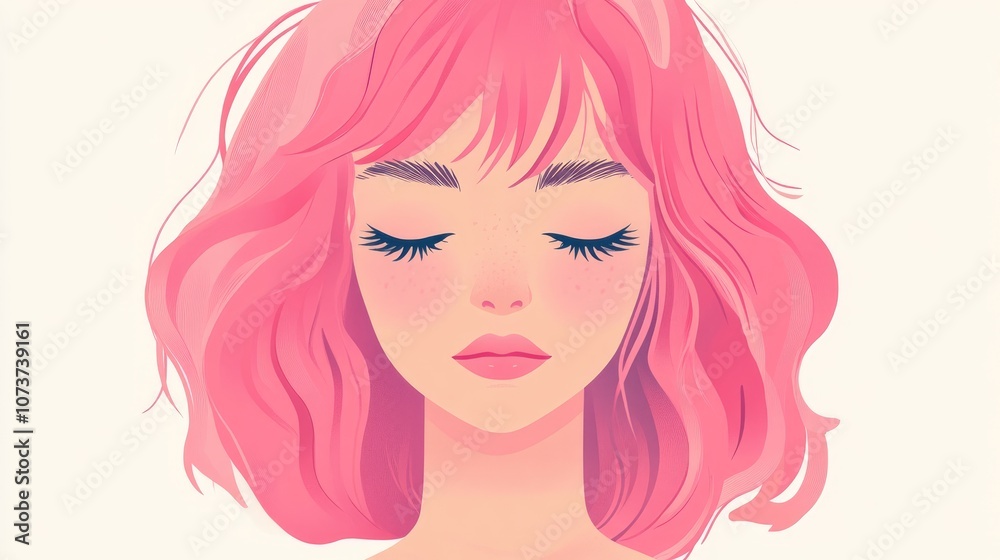Flat illustration of a cartoon portrait featuring a cute girl with pink hair and closed eyes against a white background Flat illustration of a cartoon portrait featuring a cute girl with pink hair and closed eyes against a white background
