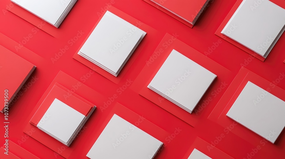 Empty business cards arranged on a red background Flat lay composition with 3D rendering Empty business cards arranged on a red background Flat lay composition with 3D rendering