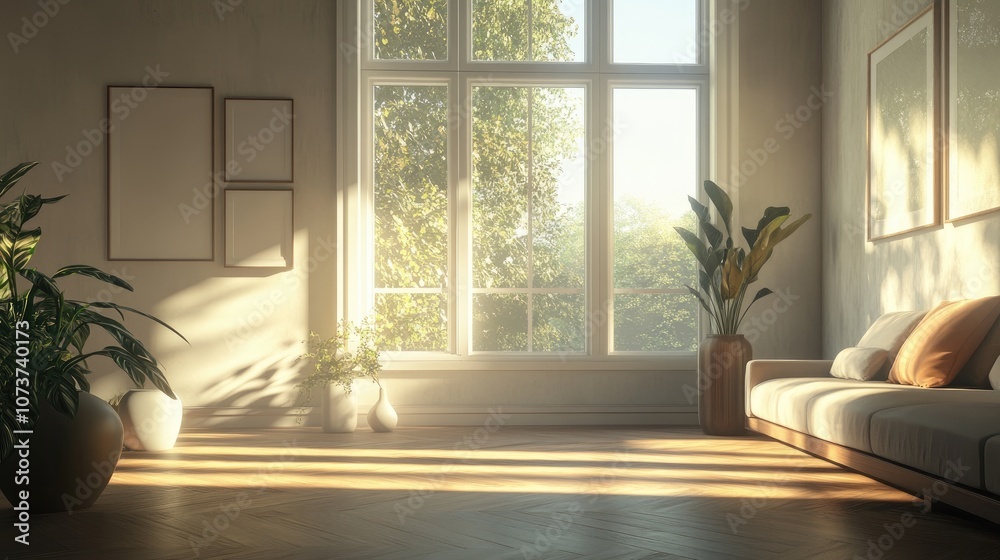 Obraz premium Concept of a light Scandinavian living room featuring a sofa vases on wooden flooring and framed artwork on a spacious wall with a serene view outside Nordic home decor 3D rendering